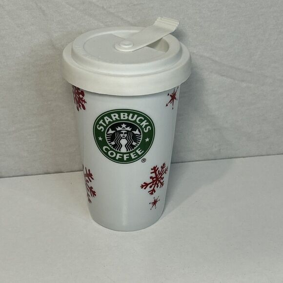 2010 Starbucks Logo Christmas Red Snowflakes Ceramic Tumbler Mug with Lid - Picture 1 of 6